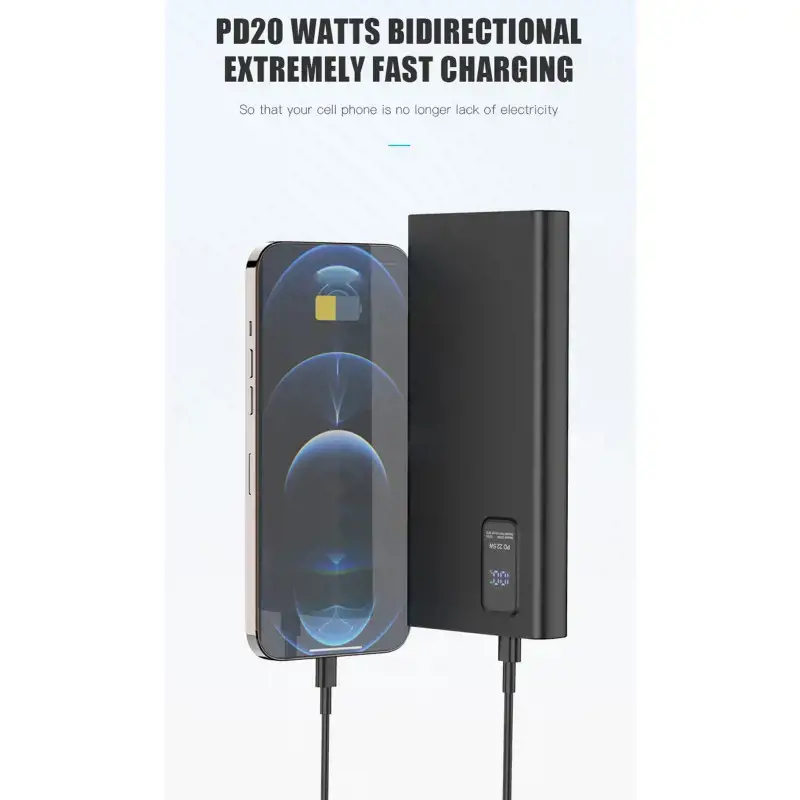 Plokštelės maitinimo bankas 10000mAh PD QC LED, juodos spalvos