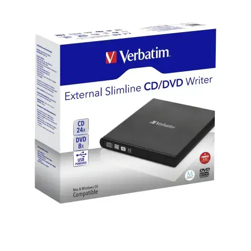 "Verbatim Slimline CD/DVD", juoda, horizontali, nešiojamasis kompiuteris, DVD-RW, USB 2.0, CD, CD-R, CD-R, CD-RW, DVD, DVD+R, DVD+R DL, DVD+RW, DVD-R, DVD-R DL, DVD-RAM, DVD-ROM
