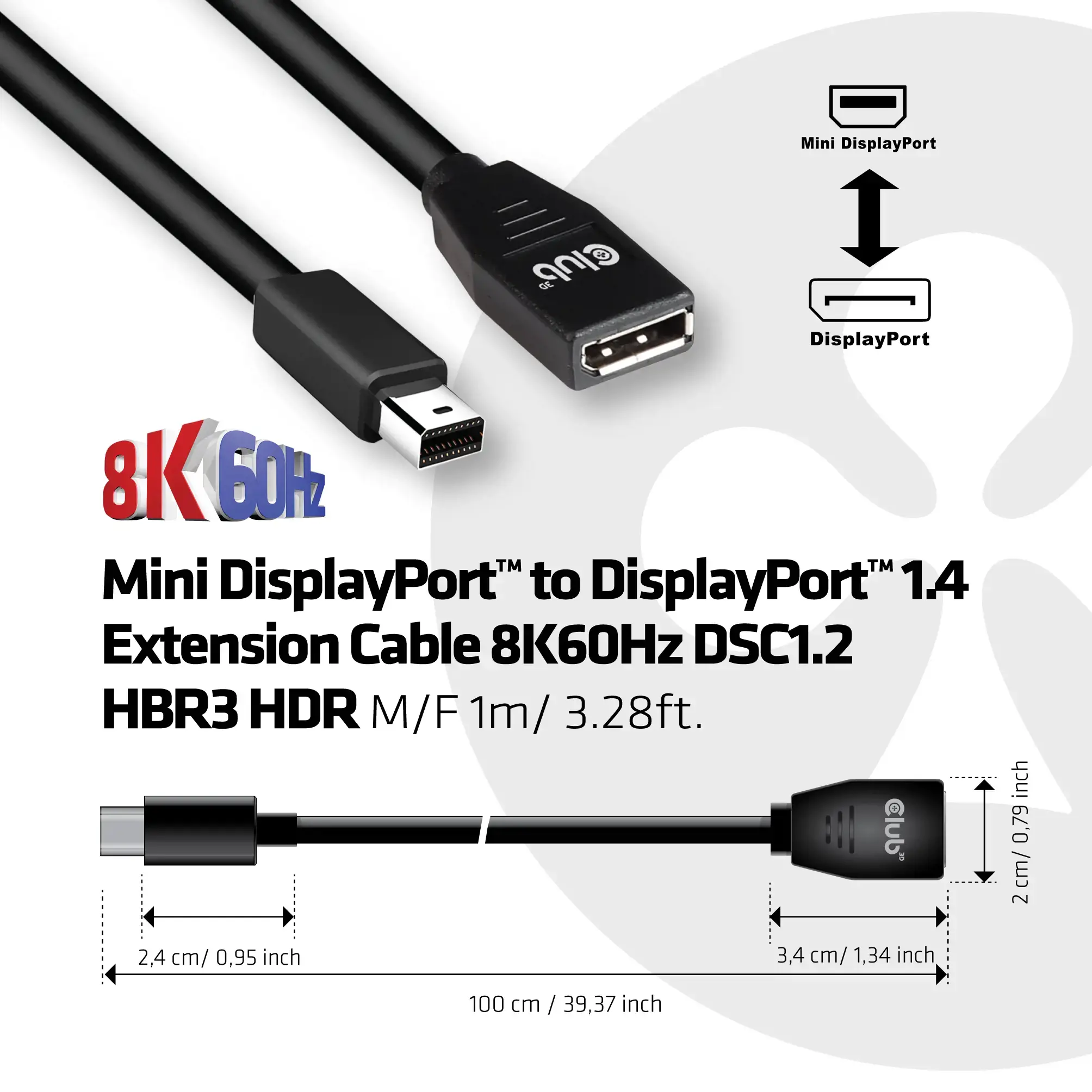 CLUB3D Minidisplay port 1.4 to Displayport extension cable 8k60hz M/F 1m/3.28ft