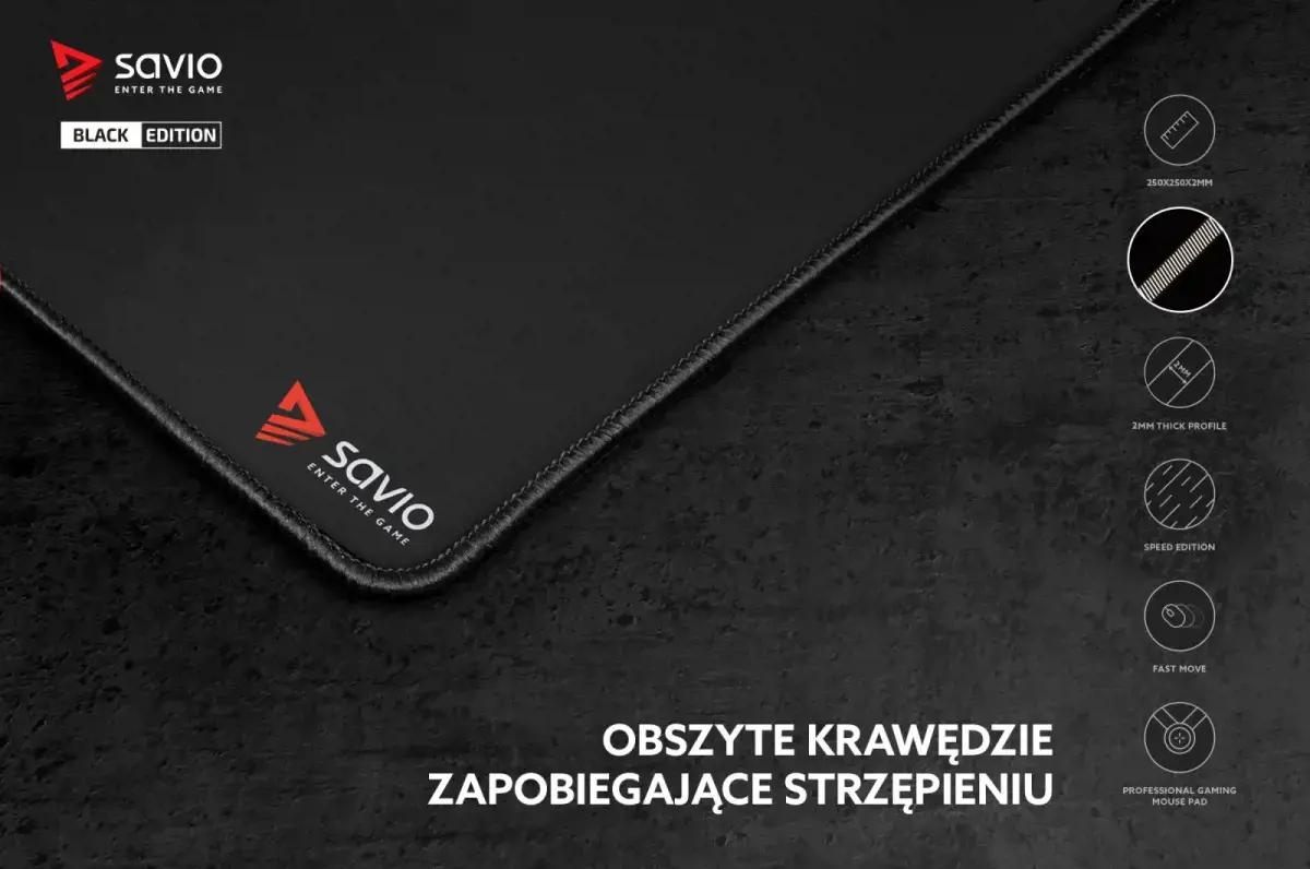 SAVIO ŽAIDIMŲ PELĖS KILIMĖLIS 250X250X2MM, DYGSNIUOTAIS KRAŠTAIS BLACK EDITION TURBO DYNAMIC S