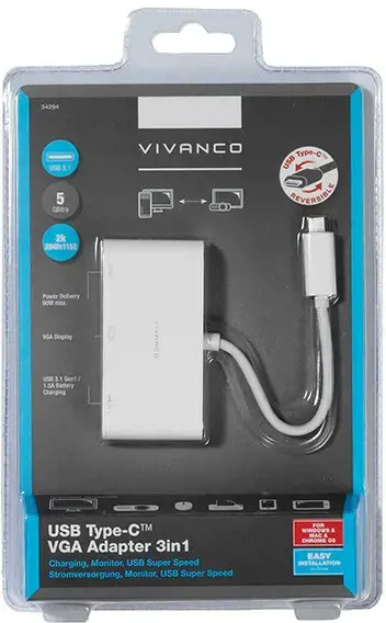 "Vivanco" USB-C - VGA 3in1 adapteris, baltas (34294)