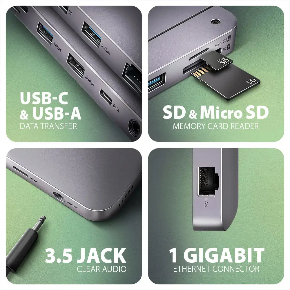 AXAGON Multiport USB-C 10Gbps hub. NVMe/SATA M.2, HDMI and DisplayPort. Cable USB-C 50 cm.