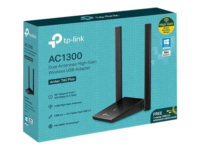 TP-LINK Archer T4U Plus AC1300 WiFi USB adapteris 2x didelio stiprumo išorinės antenos USB 3.0 MU-MIMO