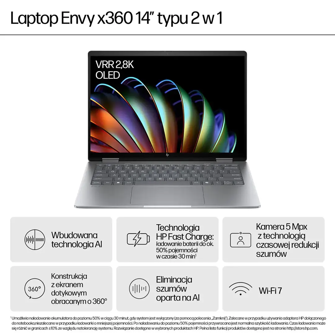 HP ENVY x360 14-fa0016nw AMD Ryzen™ 7 8840HS 2-in-1 Laptop 35.6 cm (14") 2K Touchscreen 16 GB LPDDR5 SDRAM 512 GB SSD Wi-Fi 7 (802.11be) Windows 11 Home AI PC Silver