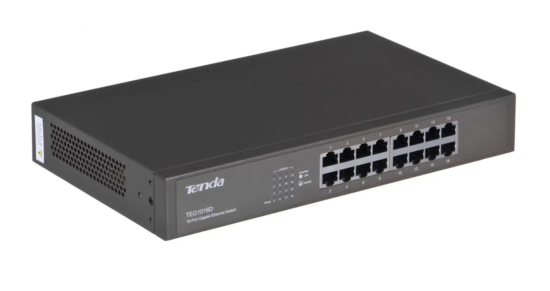 16 prievadų 10/100/1000 Mbps Ethernet komutatorius, IEEE802.3, IEEE802.3u, IEEE802.3z, IEEE802.3ab, automatinis MDI/MDIX, apsauga nuo audros, 11 colių metalinis korpusas su metaliniais tvirtinimo laikikliais, tinkamais montuoti į 19 colių spintą