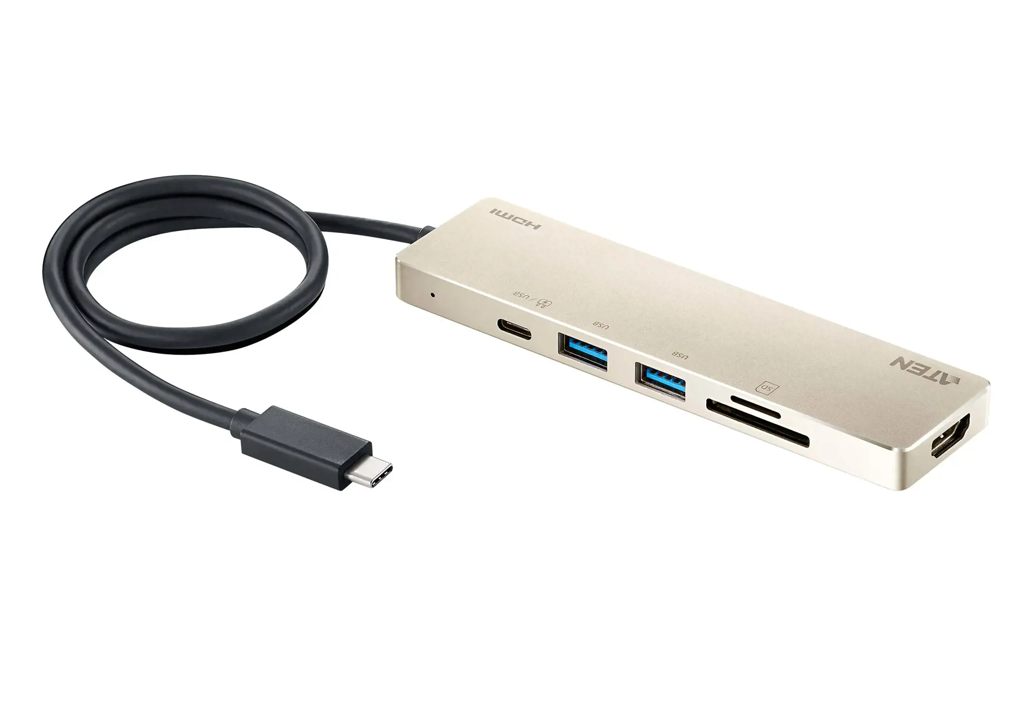 ATEN USB-C daugiaportis mini dokas su maitinimo pralaidumu, laidinis, USB 3.2 Gen 1 (3.1 Gen 1) Type-C, 60 W, juodas, auksinis, SD, SDHC, SDXC, 4K Ultra HD