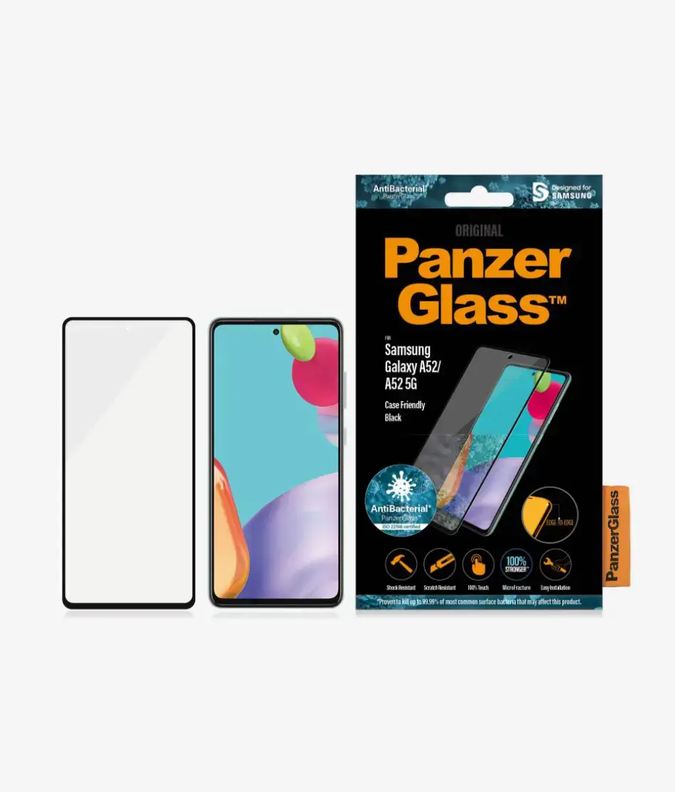 PanzerGlass ™ Samsung Galaxy A52 | A52 5G | A52s 5G | A52s 5G | A53 5G | Ekrano apsauga Stiklas, Skaidri ekrano apsauga, Samsung, Samsung, Samsung - Galaxy A52, Samsung - Galaxy A52 5G, atsparus įbrėžimams, atsparus smūgiams, antibakterinis, skaidrus, 1 vnt.