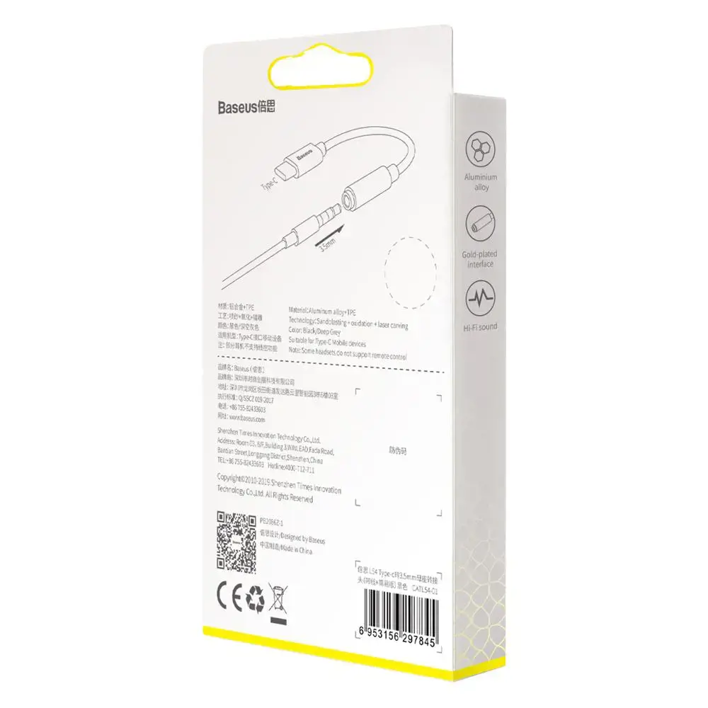 "Baseus L54" ausinių adapteris iš USB-C į 3,5 mm garso lizdą DAC 24 bitų 48 KHz, juodas (CATL54-01) (Juodas)