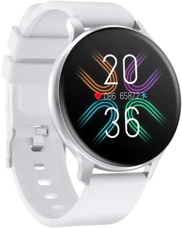 CANYON Badian SW-68, išmanusis laikrodis, Realtek 8762CK, 1.28''TFT 240x240px; RAM : 160KB, ličio jonų polimerinė baterija, 3.7V 190mAh Įtraukti, sidabrinis cinko lydinio vidurinis rėmelis + plastikinis apatinis korpusas + baltas silikoninis dirželis + sidabrinė dirželio sagtis, 44.9x 10.9mm, dirželis