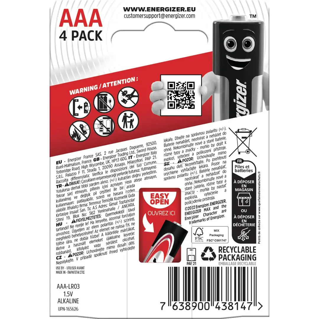 ENERGIZER ŠARMINĖS BATERIJOS MAX AAA LR03, 4 VNT., EKOLOGIŠKA PAKUOTĖ