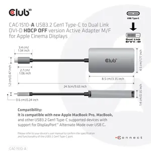 CLUB3D USB3.2 Gen1 Type-C to Dual Link DVI-D HDCP OFF version Active Adapter M/F for Apple Cinema Displays, 0.25 m, USB Type-C, DVI, Male, Female, 3840 x 2160