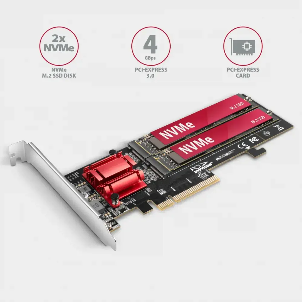 "Axagon PCEM2-ND PCIE 2X NVME M.2 KONTROLERISPCI-Express x8 vidinis valdiklis, skirtas dviem NVMe M.2 SSD diskams prijungti prie kompiuterio. Palaiko pagrindines plokštes be PCIe padalijimo.