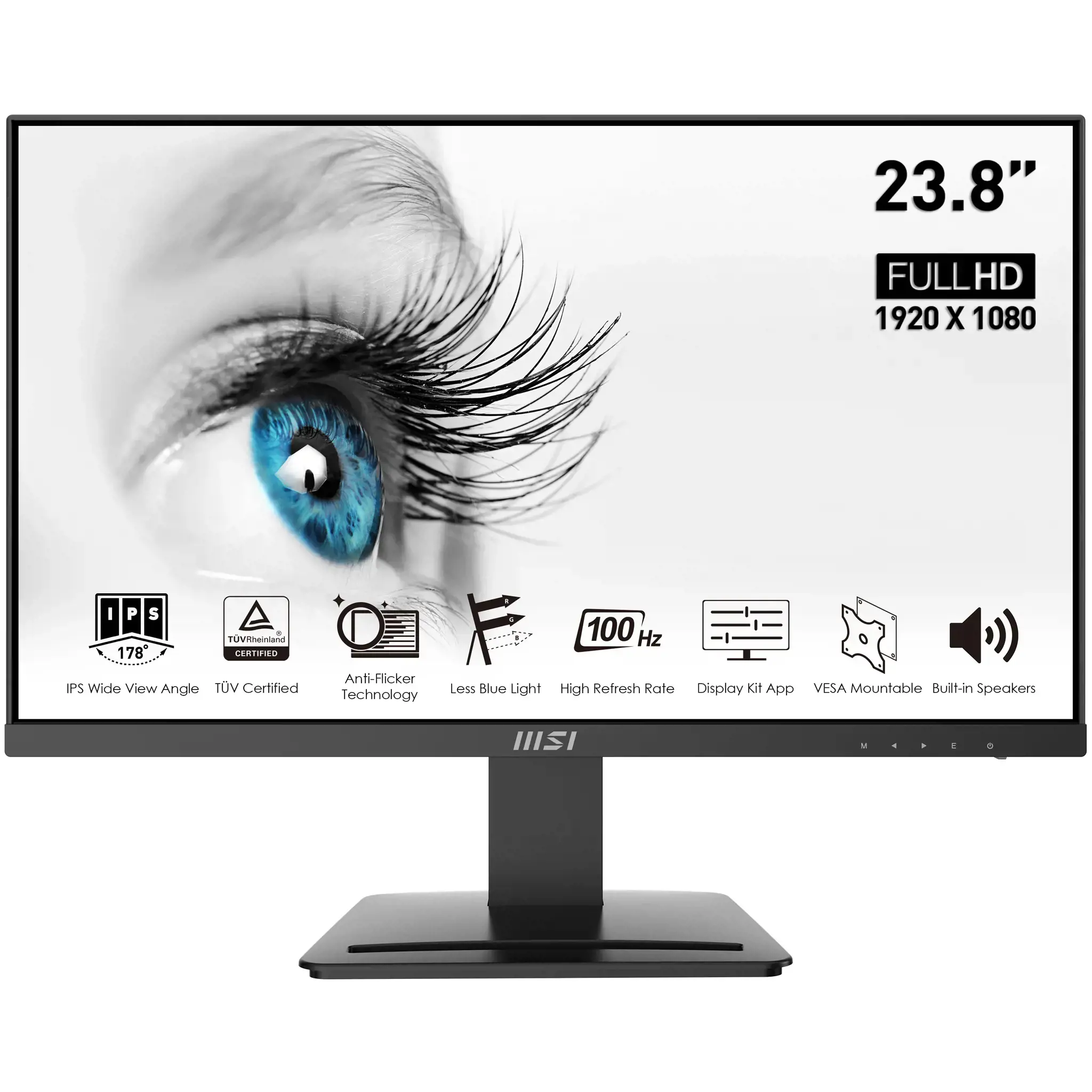 MSI Pro MP243X 23,8 colių monitorius, "Full HD" (1920 x 1080), 100 Hz, IPS, 4 ms, HDMI, "DisplayPort", įmontuoti garsiakalbiai, apsaugotas nuo atspindžių, nuo mirgėjimo, mažiau mėlynos šviesos, sertifikuotas TÜV, VESA, "Kensington", juodas, 60,5 cm (23,8"), 1920 x 1080 taškų, "Full HD", 1 ms, juodas