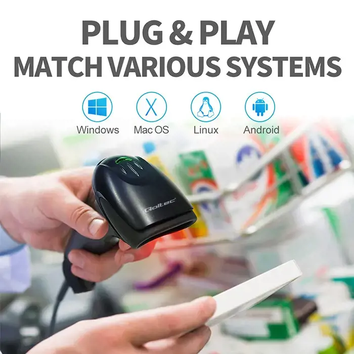 QOLTEC 50866 Brūkšninių kodų skaitytuvas 1D CCD USB juodas