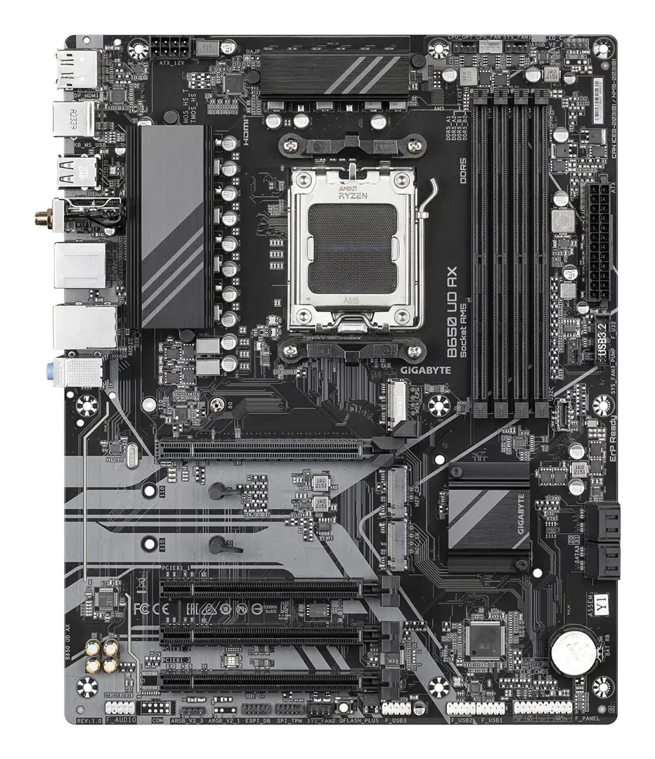 Mainboard GIGABYTE AMD B650 SAM5 ATX Memory DDR5 Memory slots 4 1xPCI-Express 16x 3xPCI-Express 3.0 16x 3xM.2 1xHDMI 1xDisplayPort 6xUSB 2.0 2xUSB 3.2 1xUSB-C 1xRJ45 3xAudio port B650UDAX1.0Y1