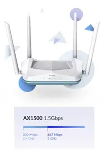 D-Link R15 EAGLE PRO AI AX1500 išmanusis maršrutizatorius, "Wi-Fi 6" (802.11ax), dviejų dažnių (2,4 GHz / 5 GHz), Ethernet LAN, baltas, stalinis maršrutizatorius