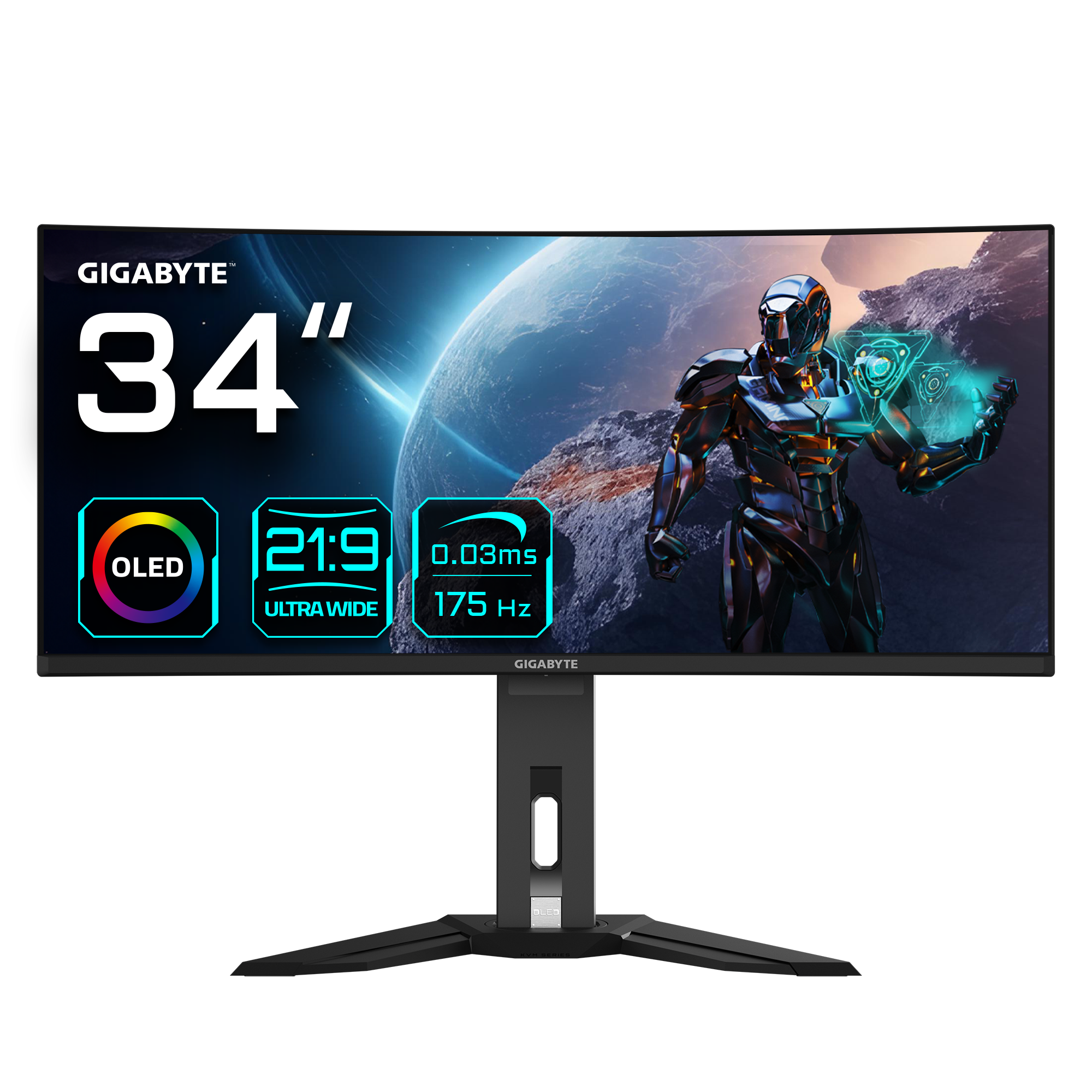 GIGABYTE MO34WQC 34” OLED WQHD Curved Gaming Monitor - 3440x1440(WQHD), 175Hz, 0.03ms, KVM, 250 cd/m2, FreeSync Premium Pro, DisplayHDR True Black 400, HDMI 2.1, Displayport 1.4, 86.4 cm (34"), 3440 x 1440 pixels, Wide Quad HD, OLED, 0.03 ms, Black