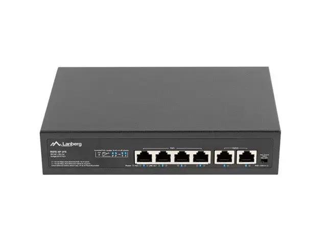 LANBERG komutatorius PoE 19 colių 6 prievadų 100MB 4 prievadai PoE 30W/prievadui maks. 60W DSP3-0105-60W nevaldomas