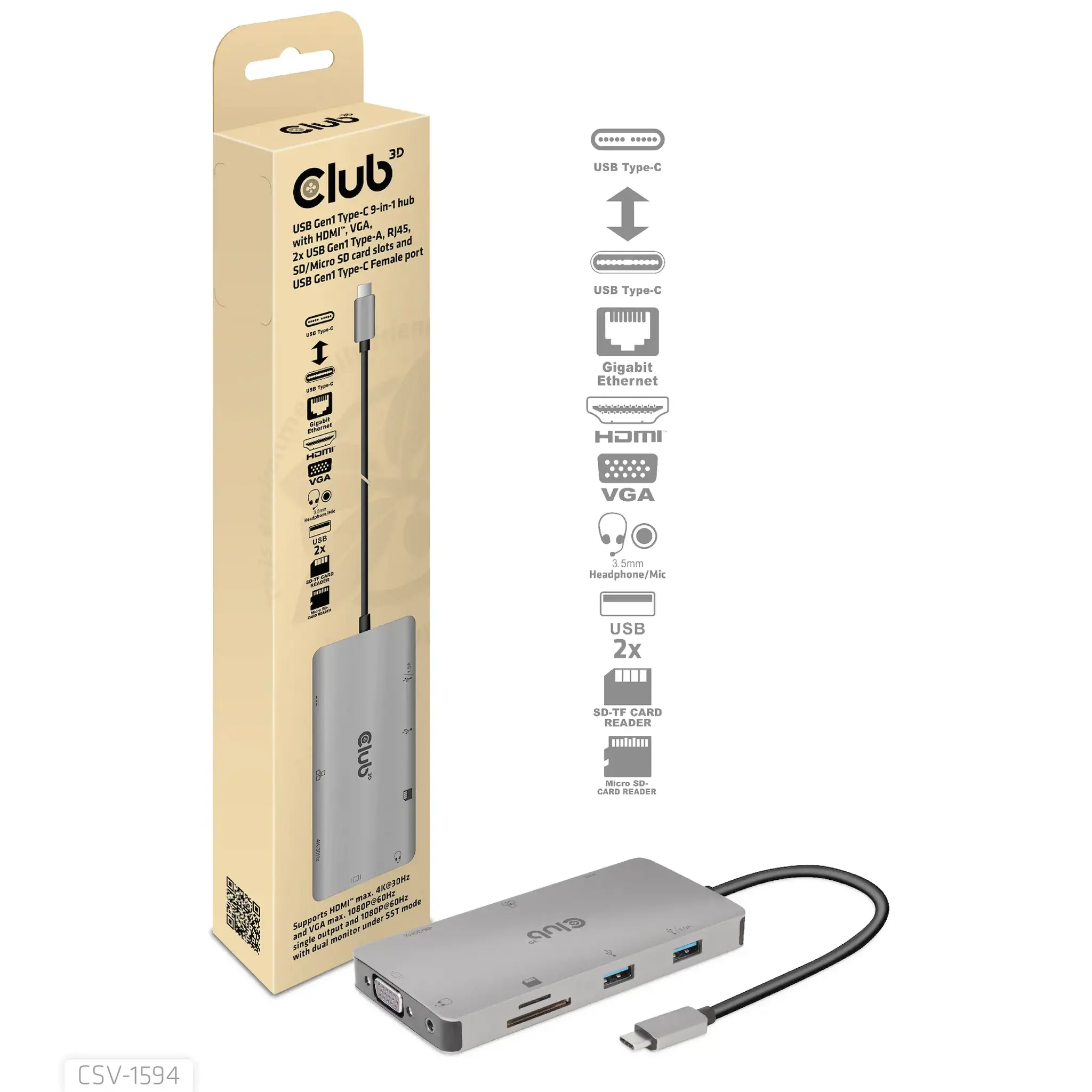 CLUB3D USB Gen1 Type-C 9-in-1 hub with HDMI, VGA, 2x USB Gen1 Type-A, RJ45, SD/Micro SD card slots and USB Gen1 Type-C Female port, USB 3.2 Gen 1 (3.1 Gen 1) Type-C, 3.5mm, HDMI, RJ-45, USB 3.2 Gen 1 (3.1 Gen 1) Type-A, USB 3.2 Gen 1 (3.1 Gen 1) Type-C, VGA, MicroSD (TransFlash), SD, 5000 Mbit/s, 60 Hz, 1920 x 1080 (HD 1080), 3860 x 2160
