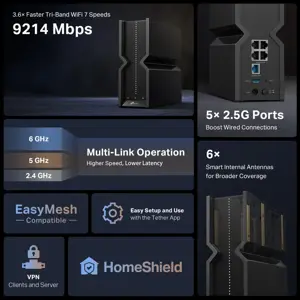 TP-Link Archer BE9300 Tri-Band Wi-Fi 7 Router, Wi-Fi 7 (802.11be), Tri-band (2.4 GHz / 5 GHz / 6 GHz), Ethernet LAN, Black, Tabletop router