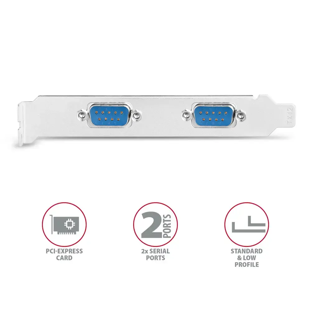 "PCI-Express" plokštė su dviem 250 kb/s serijos prievadais. ASIX AX99100. Standartinė ir žemo profilio.