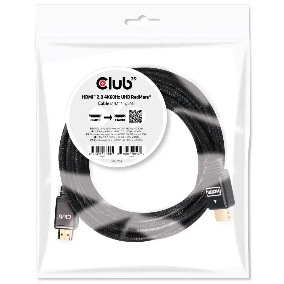 CLUB3D HDMI 2.0 4K60Hz RedMere cable 15m/49.2ft, 15 m, HDMI Type A (Standard), HDMI Type A (Standard), 3D, 18 Gbit/s, Black
