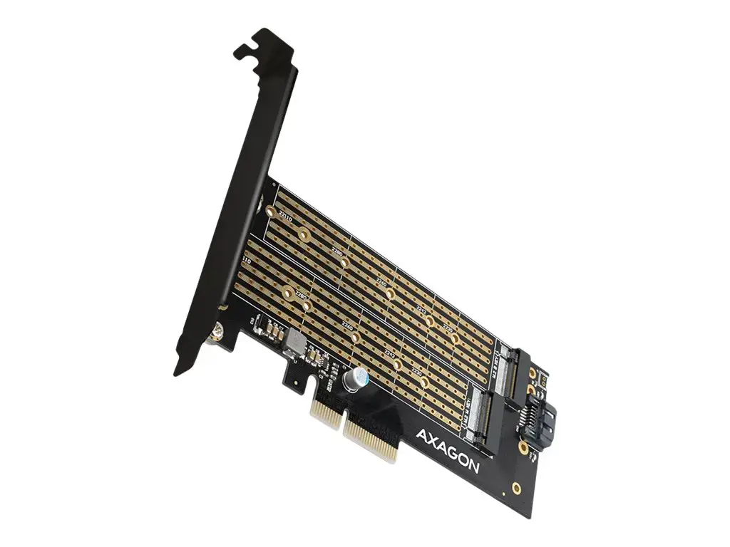 AXAGON PCEM2-D PCI-E 3.0 4x - DUAL M.2 SSD (NVMe + SATA), dviguba įtampa, iki 110 mm SSD