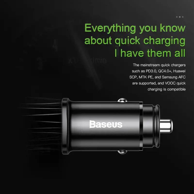 "Baseus" kvadratinis metalinis automobilinis įkroviklis USB+Type-C 30W PPS (PD3.0/QC4.0/SCP/AFC) juodas (juodas)