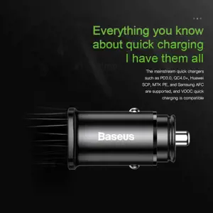"Baseus" kvadratinis metalinis automobilinis įkroviklis USB+Type-C 30W PPS (PD3.0/QC4.0/SCP/AFC) juodas (juodas)