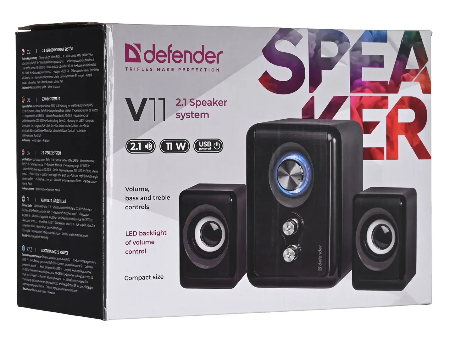 DEFENDER KOMPIUTERIO GARSIAKALBIAI V11 2.1 11W USB ŽEMŲ DAŽNIŲ IR ŽEMŲ DAŽNIŲ VALDYMAS 65111