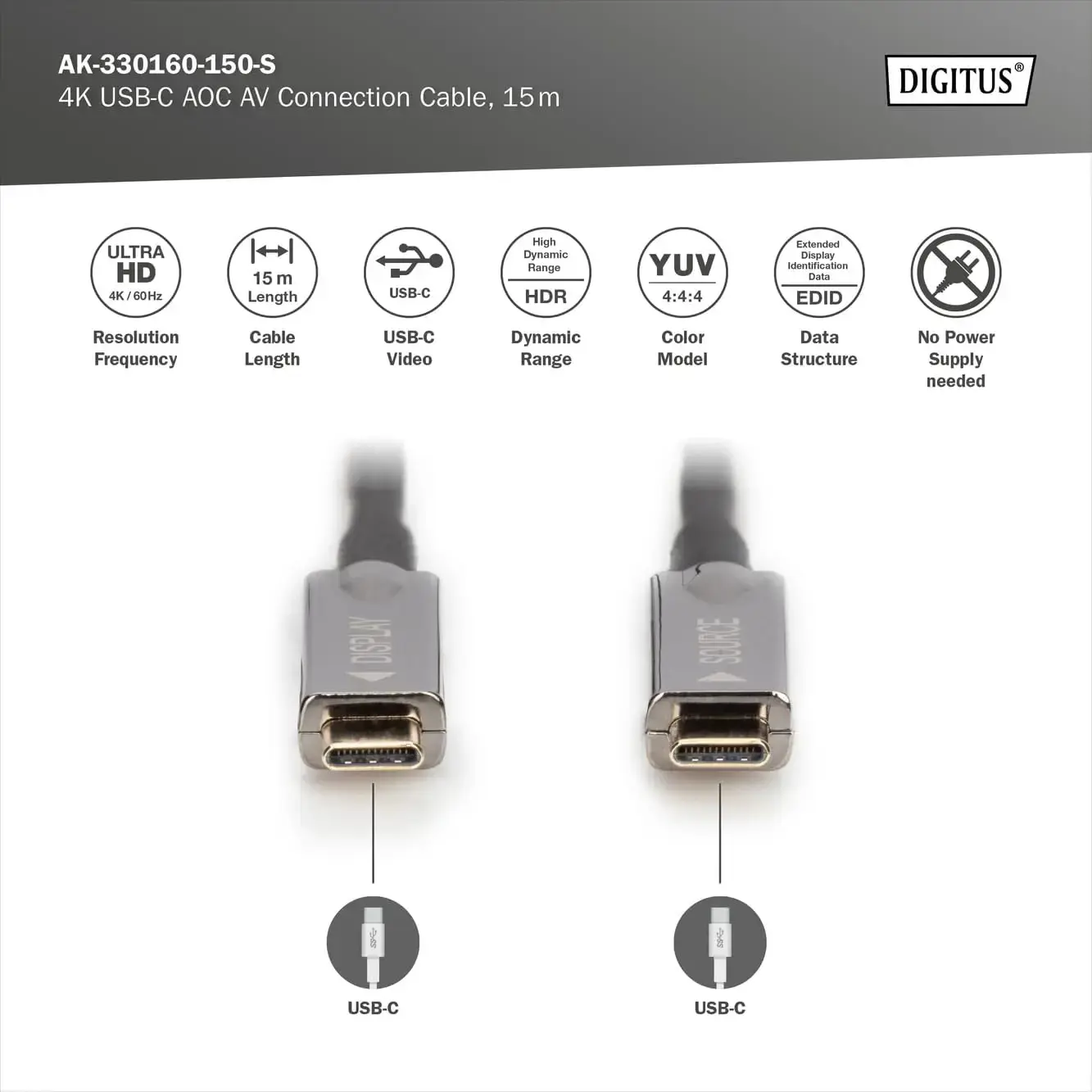 DIGITUS USB Type-C-USB Type-C AOC hibridinis FO kabelis 4K 60Hz USB 3.1 SPEC 15 m