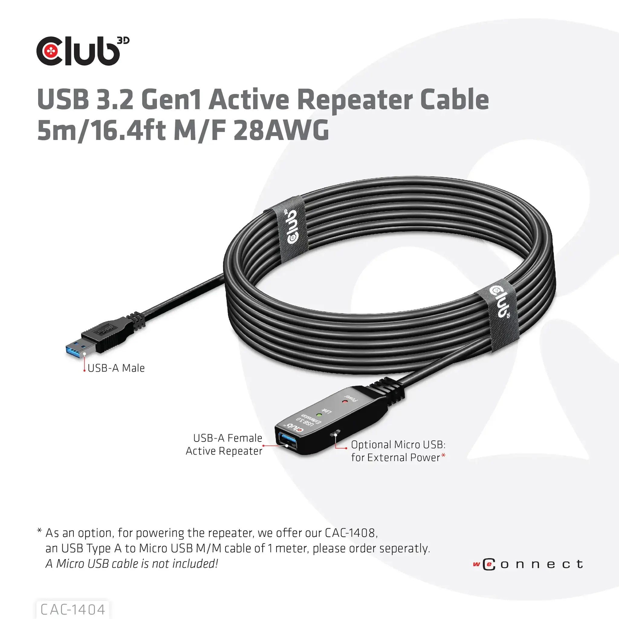 CLUB3D USB 3.2 Gen1 Active Repeater Cable 5m/ 16.4 ft M/F 28AWG, 5 m, USB A, USB A, USB 3.2 Gen 1 (3.1 Gen 1), Black