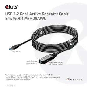 CLUB3D USB 3.2 Gen1 Active Repeater Cable 5m/ 16.4 ft M/F 28AWG, 5 m, USB A, USB A, USB 3.2 Gen 1 (3.1 Gen 1), Black