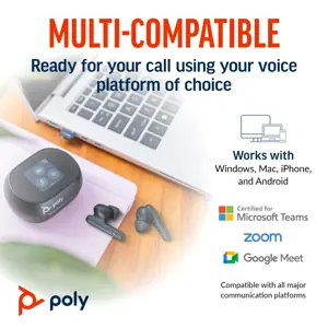 POLY Voyager Free 60+ UC M Carbon Black Earbuds +BT700 USB-C Adapter +Touchscreen Charge Case, Wireless, Calls/Music, Headset, Black