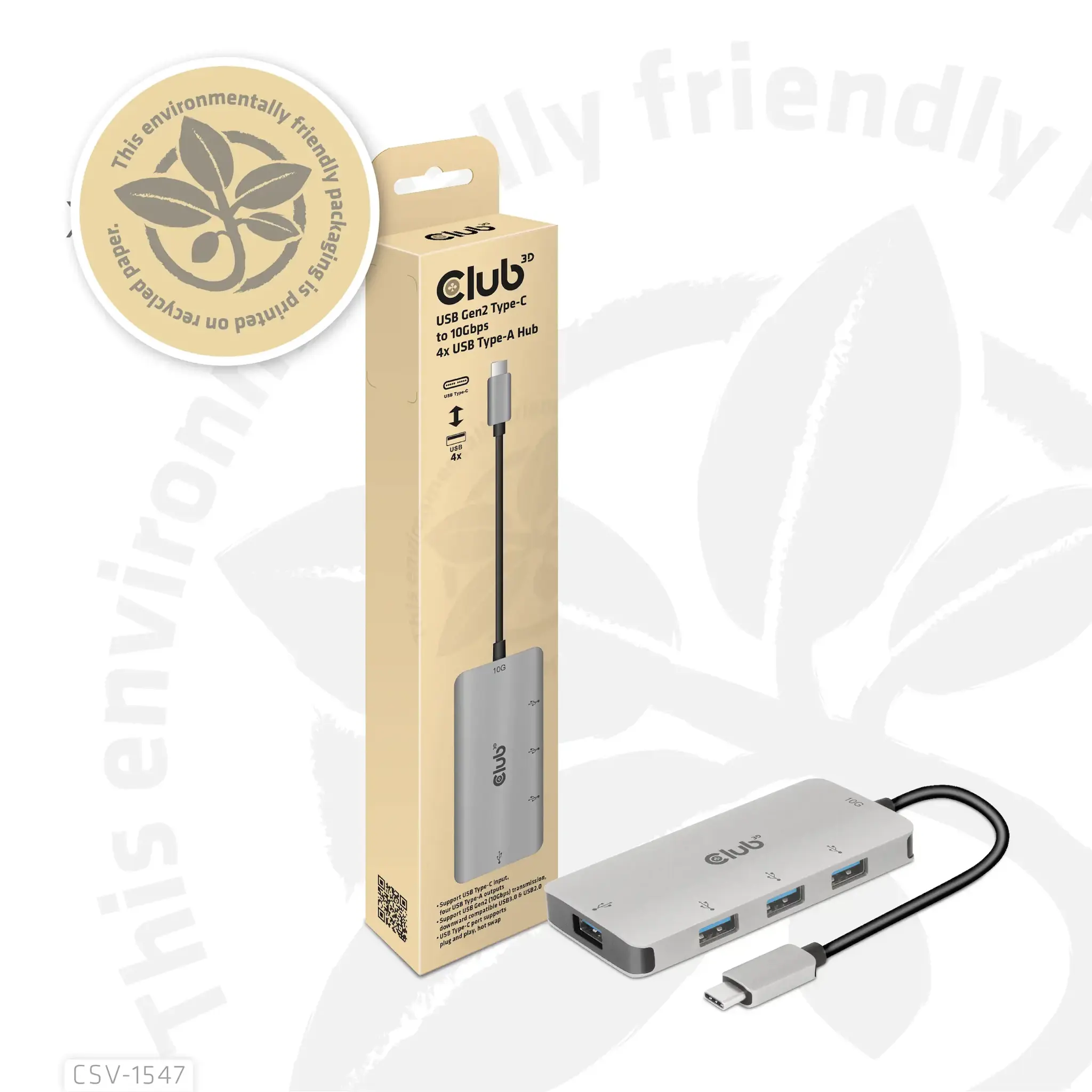 CLUB3D USB Gen2 Type-C to 10Gbps 4x USB Type-A Hub, USB 3.2 Gen 2 (3.1 Gen 2) Type-C, USB 3.2 Gen 2 (3.1 Gen 2) Type-A, 10000 Mbit/s, Black, Silver, Round cable, 0.262 m