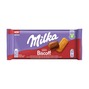 Pieninis šokoladas MILKA Biscoff iš Alpių pieno su karamelizuotų sausainių gabalėliais, 90 g