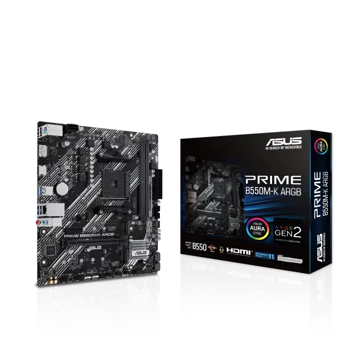 ASUS PRIME B550M-K ARGB, AMD, Socket AM4, DDR4-SDRAM, 64 GB, DIMM, dviejų kanalų