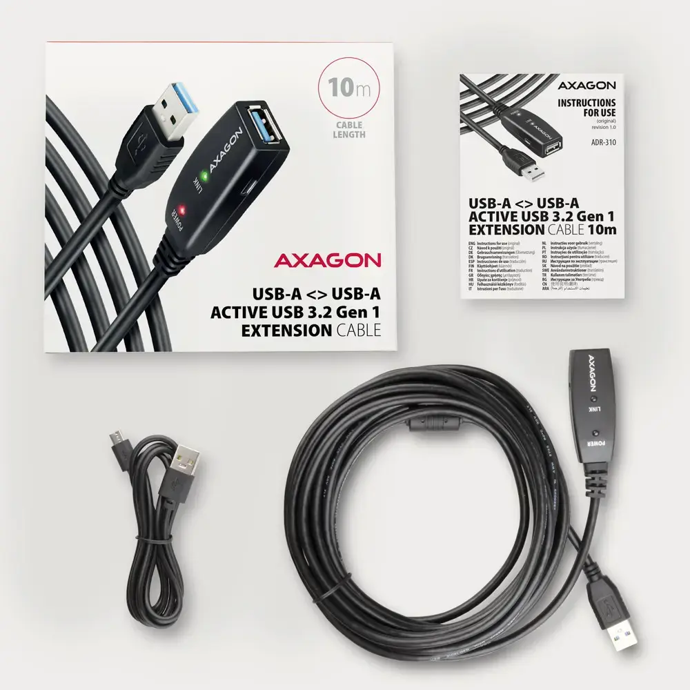 "Axagon Active" USB 3.2 Gen 1 A-M > A-F prailginimo kabelis, 10 m ilgio. Maitinimo šaltinio parinktis.