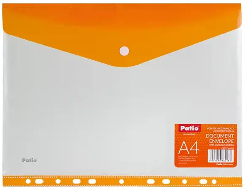 Aplankas (vokas) su spaustuku ir europerforacija PATIO, A4, PP, oranžinė sp.