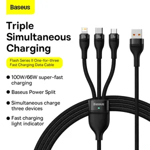 3in1 USB cable Baseus Flash Series, USB-C + micro USB + Lightning, 100W, 1.2m (black)