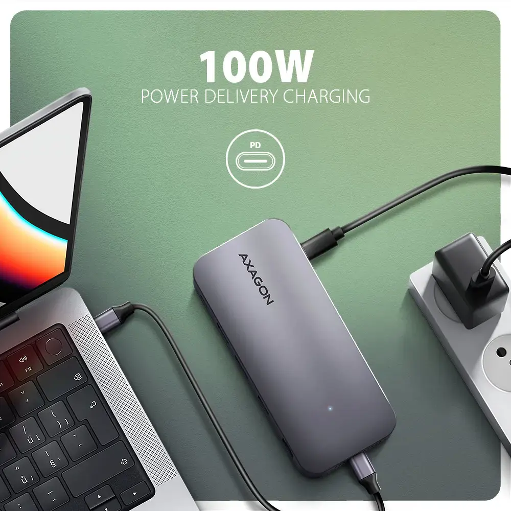 AXAGON Multiport USB-C 10Gbps hub. NVMe/SATA M.2, HDMI and DisplayPort. Cable USB-C 50 cm.