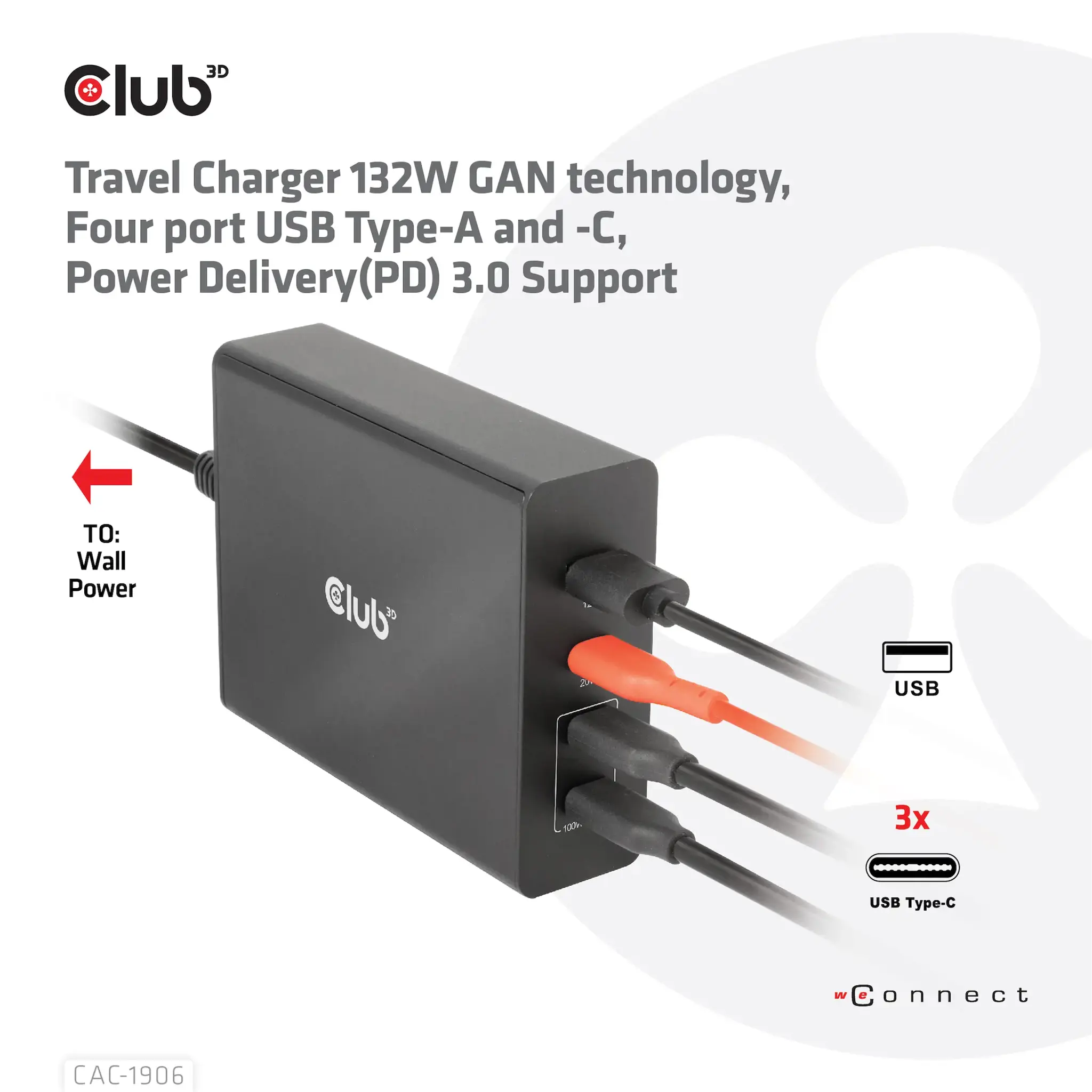 CLUB3D Travel Charger 132W GAN technology, Four port USB Type-A and -C, Power Delivery(PD) 3.0 Support, Indoor, DC, Black