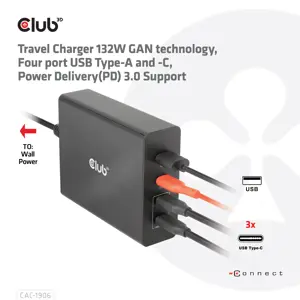 CLUB3D Travel Charger 132W GAN technology, Four port USB Type-A and -C, Power Delivery(PD) 3.0 Support, Indoor, DC, Black
