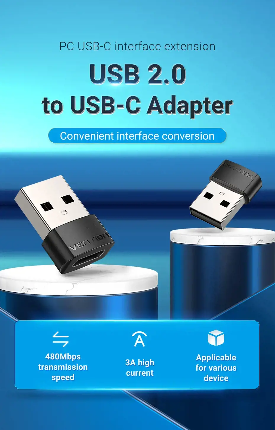 "Vention" USB 2.0 vyriškos ir USB-C moteriškos lyties adapteris Juodas PVC tipas, USB A, USB C, juodas