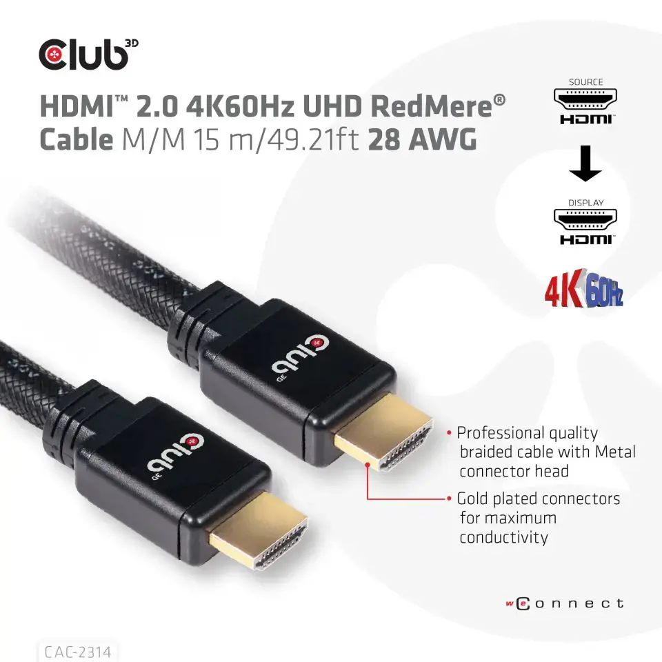 CLUB3D HDMI 2.0 4K60Hz RedMere cable 15m/49.2ft, 15 m, HDMI Type A (Standard), HDMI Type A (Standard), 3D, 18 Gbit/s, Black