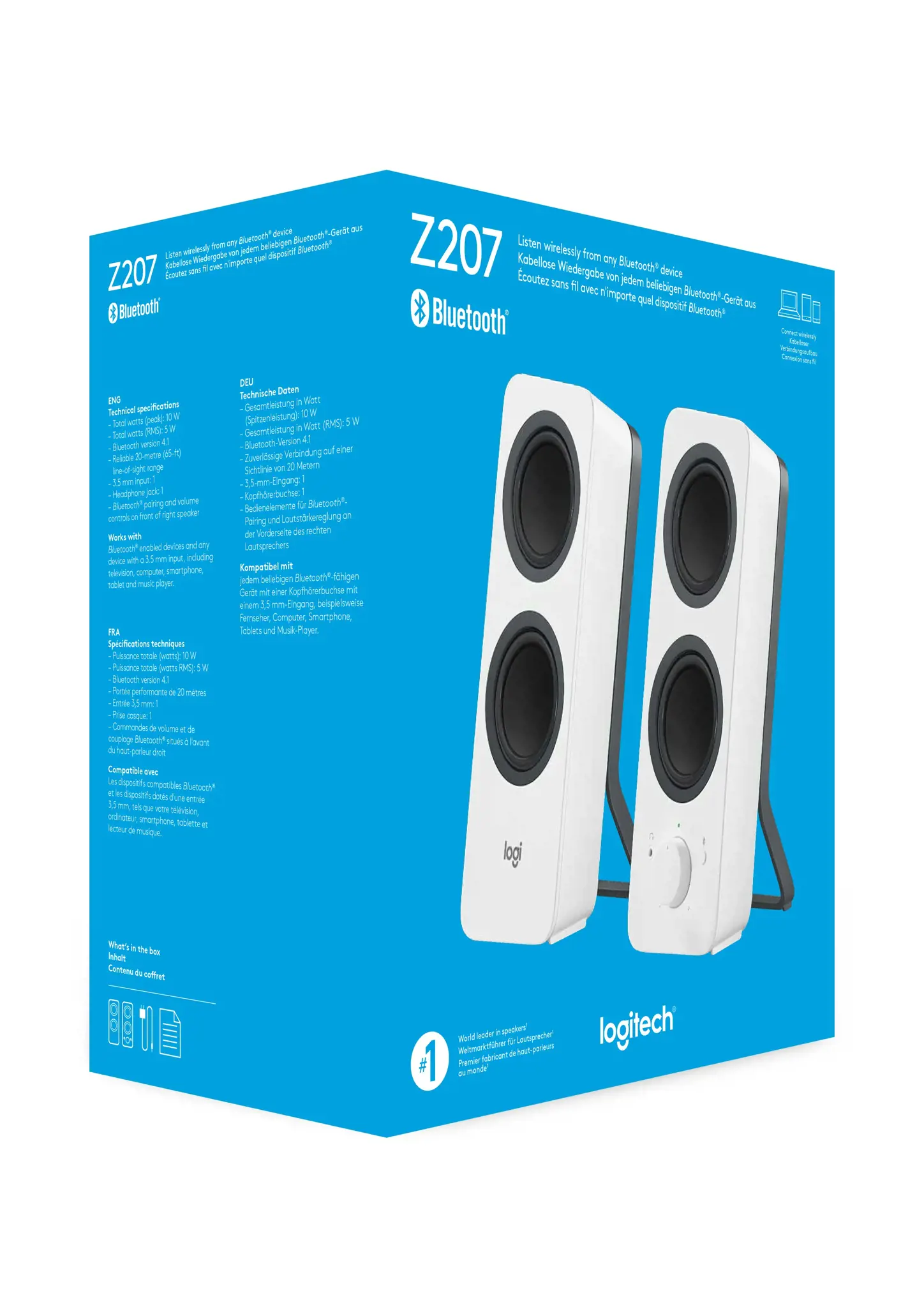 "Logitech Z207" "Bluetooth" kompiuterio garsiakalbiai, 2.0 kanalai, laidiniai ir belaidžiai, 10 W, balti