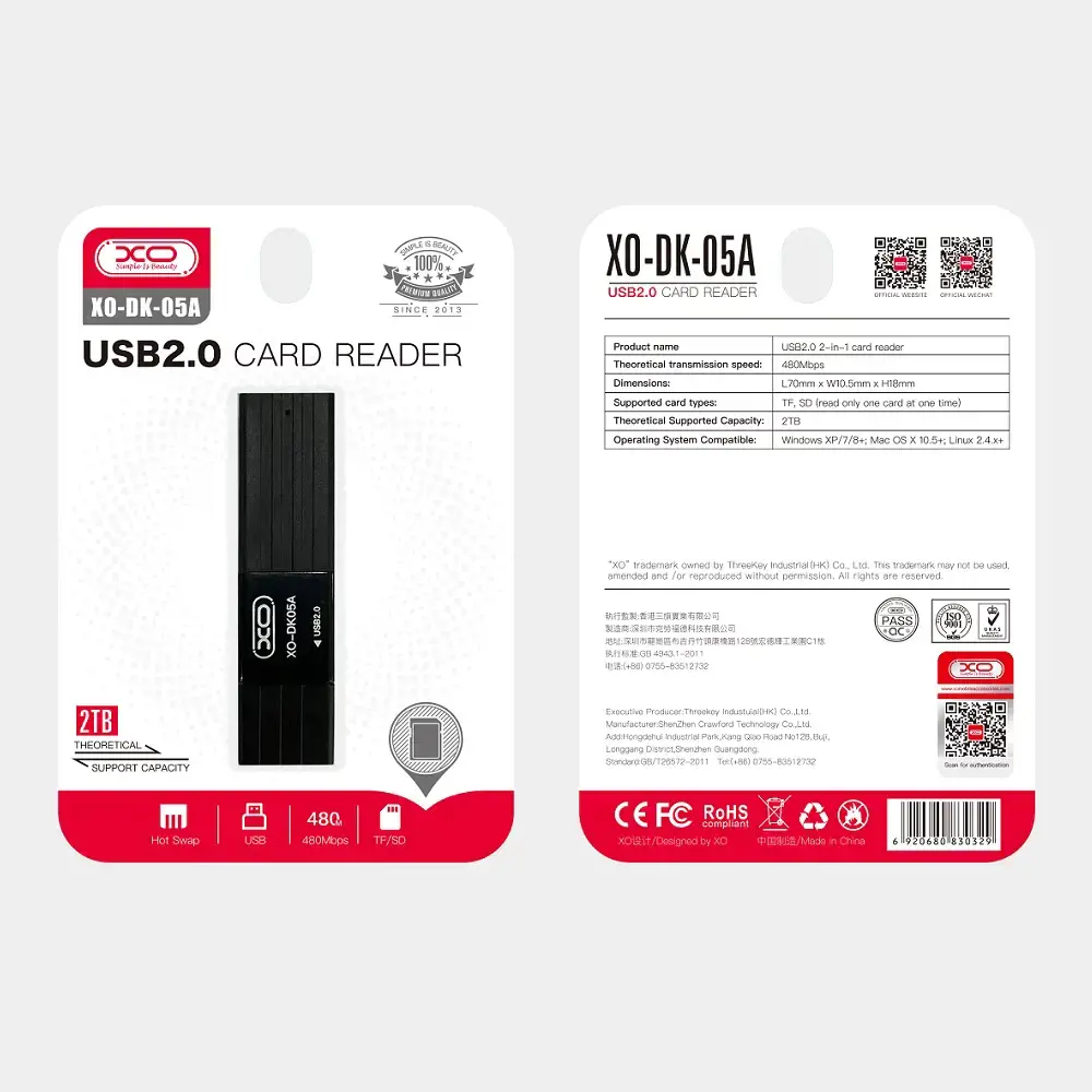 XO atminties kortelių skaitytuvas DK05A 2in1 USB 2.0, juodas