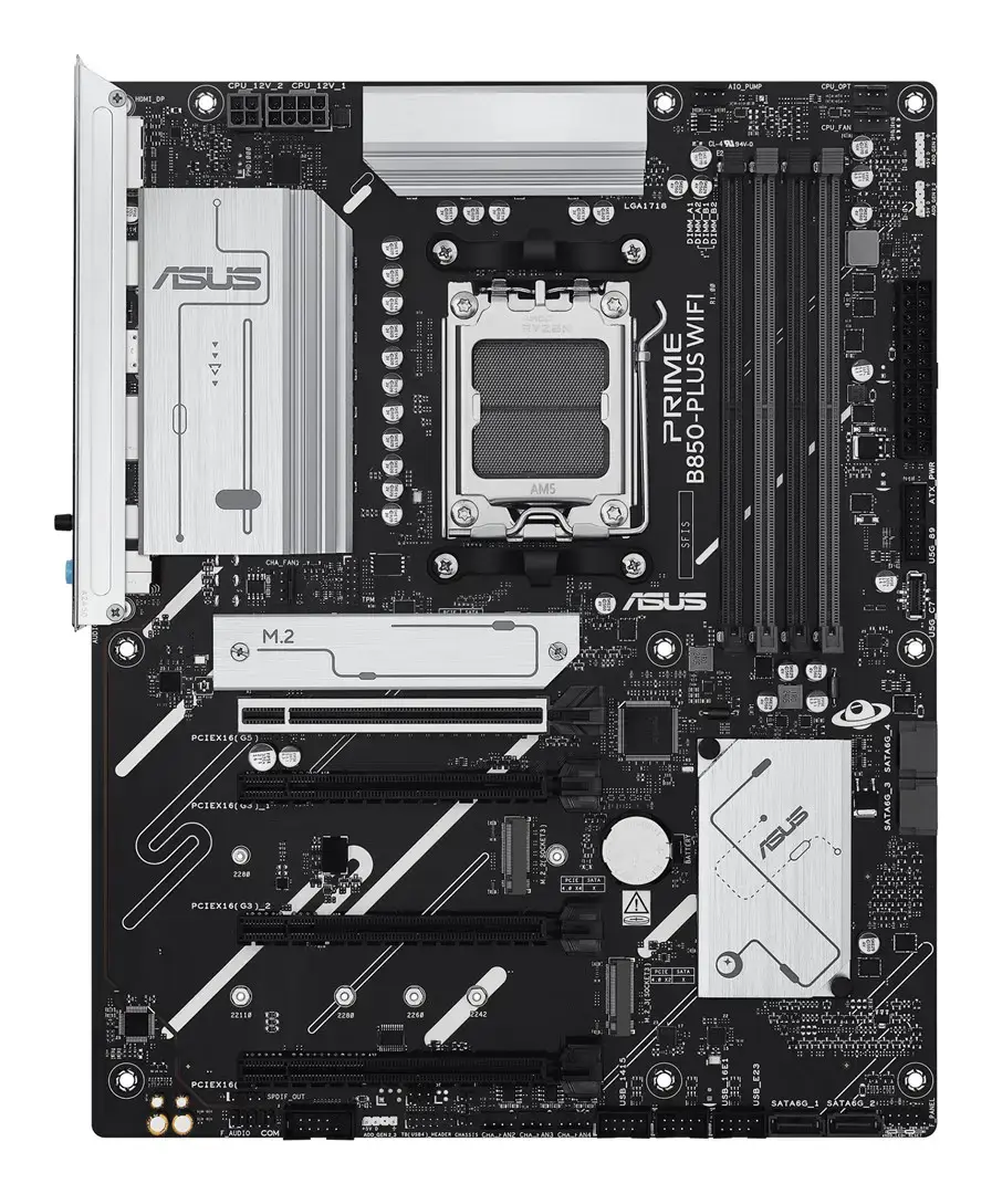 Mainboard ASUS AMD B850 SAM5 ATX Memory DDR5 Memory slots 4 2xPCI-Express 3.0 16x 1xPCI-Express 4.0 16x 1xPCI-Express 5.0 16x 3xM.2 1xHDMI 1xDisplayPort 3xUSB 2.0 5xUSB 3.2 type B 2xUSB-C 3xAudio port PRIMEB850-PLUSWIFI