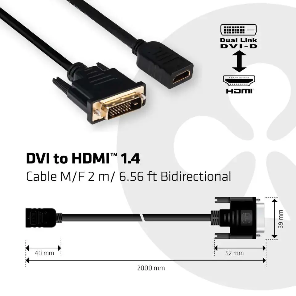 CLUB3D DVI to HDMI 1.4 Cable M/F 2m/6.56ft Bidirectional, DVI Dual Link, HDMI 1.4, 2 m, Black