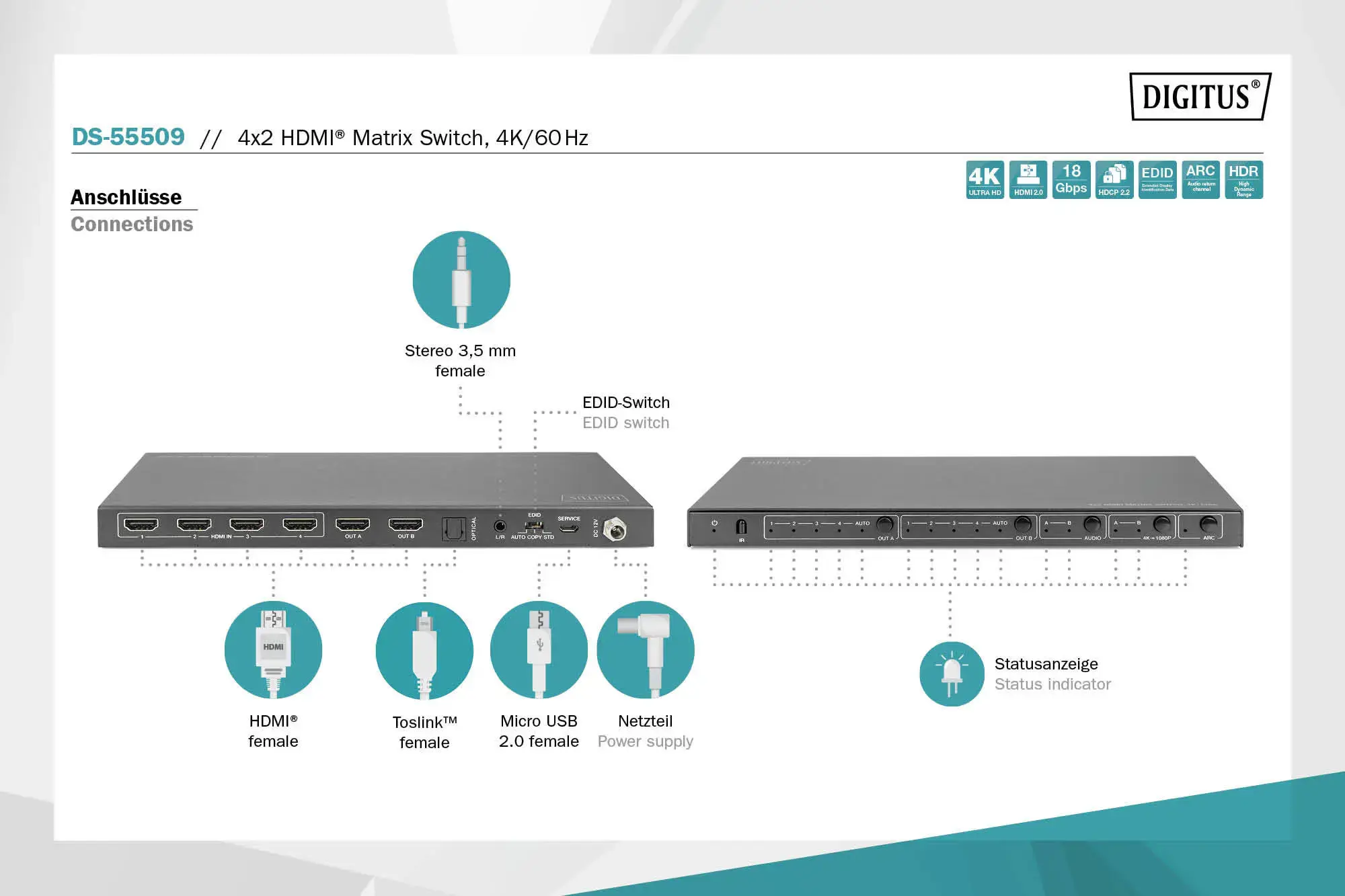 DIGITUS 4x2 HDMI matricos komutatorius 4K/60Hz EDID ARC HDCP 2.2 18Gbps